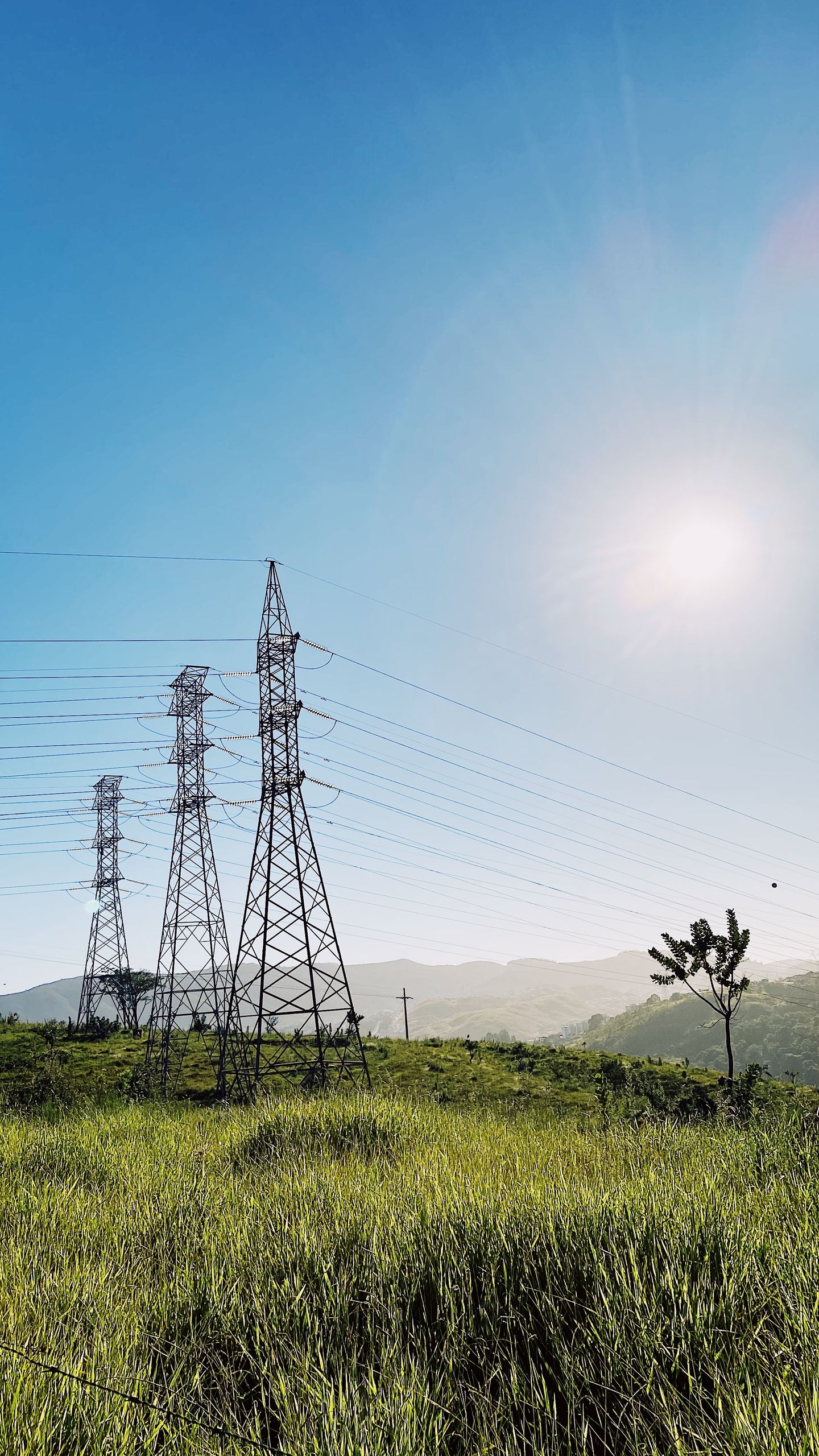 Electric pylons and power lines in a lush green field under a bright sunny sky.